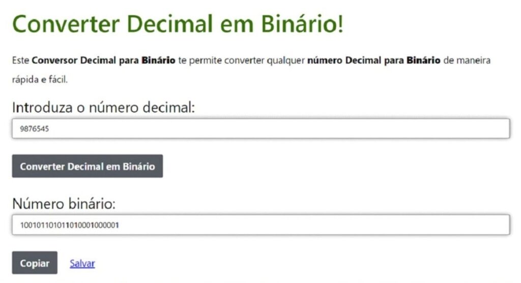 Tabela de conversão decimal para binário